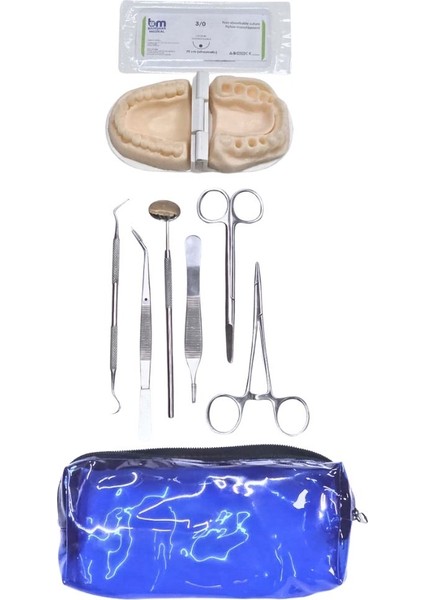 Eğitim Dişçi Dikiş Seti -2 Çantalı Seyahat Diş Hekimi Öğrenci Asistan Seti 3lü Dental Set Çene Modeli 3lü Dikiş El Aleti 3/0 Yuvarlak Iğne Iplik Okul Eğitim Seti