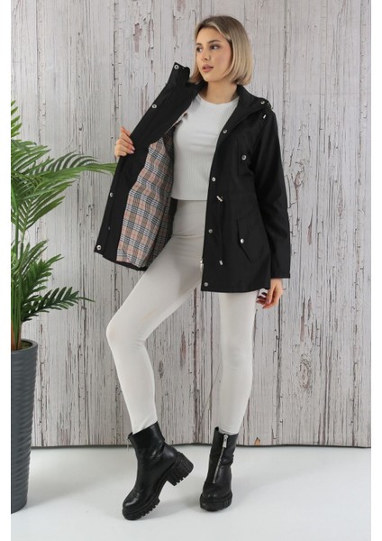 Kadın Suya Dayanıklı Trençkot Kapüşonlu Ekoseli Vizon Trençkot Bonded Kumaş Trençkot