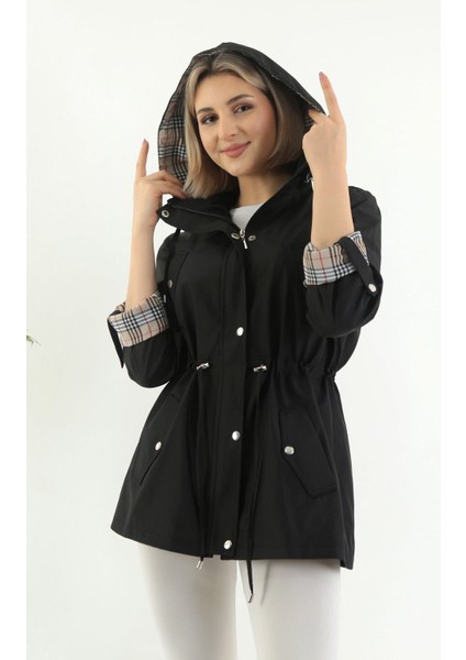Kadın Suya Dayanıklı Trençkot Kapüşonlu Ekoseli Vizon Trençkot Bonded Kumaş Trençkot modelleri