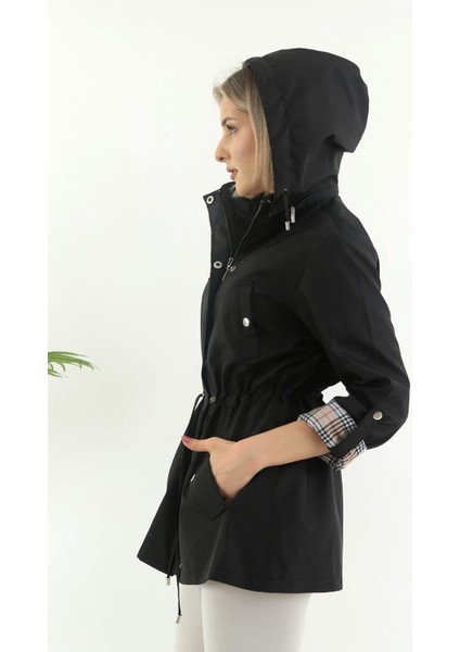 Kadın Suya Dayanıklı Trençkot Kapüşonlu Ekoseli Vizon Trençkot Bonded Kumaş Trençkot fırsatları