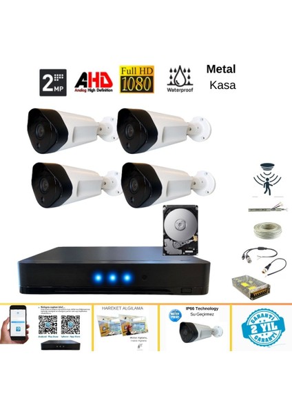 2 Mp 1080P 4 Metal Kasa Kameralı Dış Mekan Ahd Güvenlik Sistemi 250 GB HDD Dahil - ST24250TM