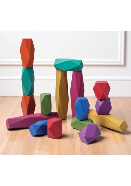 Yeni Bebek Oyuncakları, Ahşap Yapı Taşı, Renkli Taş, Yaratıcı Eğitici Oyuncaklar, Waldorf, Montessori, Iskandinav Tarzı Istifleme Oyunu Gökkuşağı Taş Ahşap Oyuncaklar. ( 16 Adet Yapı Taşı )