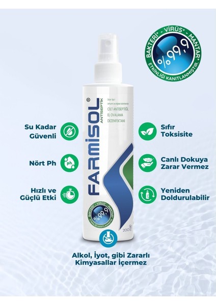 Alkolsüz Dezenfektan Sprey 200 ml Durulama Gerektirmeyen %99,9 Etkili El ve Cilt Temizleyici fiyatları