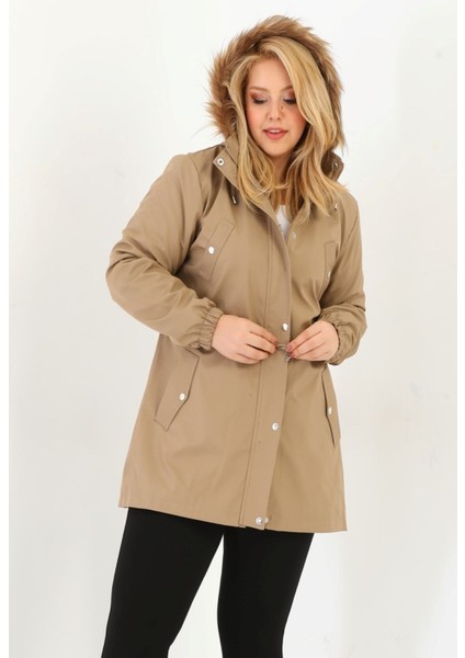 Kadın Suya Dayanıklı Büyük Beden Mont Kapüşonlu Haki Mont Bonded Kumaş Içi Kürklü Mont fiyatları