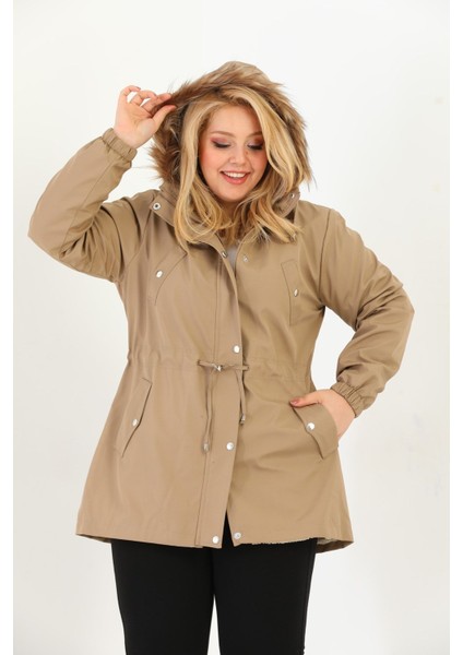 Kadın Suya Dayanıklı Büyük Beden Mont Kapüşonlu Haki Mont Bonded Kumaş Içi Kürklü Mont modelleri