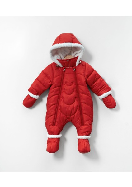 Şerit ve Bombeli Desenli Pati Detaylı Kapüşonlu, Patikli ve Eldivenli Kız Çocuk Kozmonot Tulum Mont