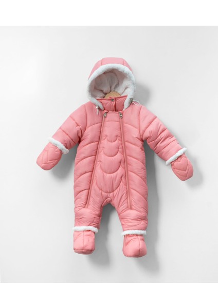 Şerit ve Bombeli Desenli Pati Detaylı Kapüşonlu, Patikli ve Eldivenli Kız Çocuk Kozmonot Tulum Mont