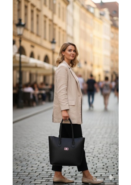 Lal'den Siyah Geniş Zarif Bayan El ve Omuz Çantası