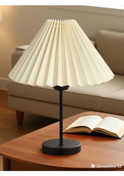 Liora Metal Ayaklı Pileli Krem Kumaş Komidin Başı Abajur