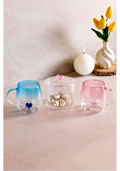 Dream Love Borosilikat Cam Kupa Bardak ve Kapaklı Ikram Seti – 3'lü Kalpli Aşk Seti Romantik Tasarım
