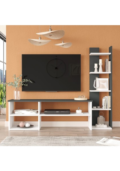 Joffrey Tv Ünitesi Tv Sehpası Kitaplıklı Beyaz-Antrasit Jr2-Wan fiyatları