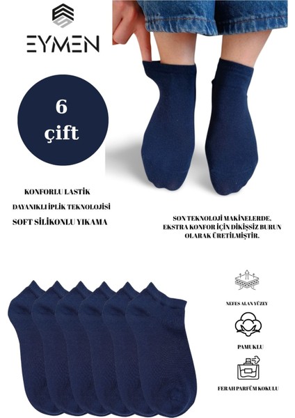 Unisex Patik Çorap 6'lı Paket – Pamuklu, Kuşaklı, Kadın Erkek Kullanıma Uygun Lacivert