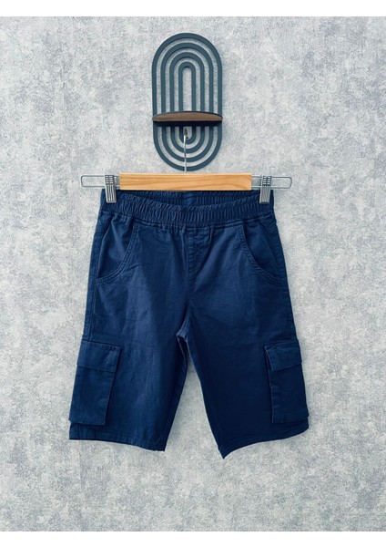 Erkek Çocuk Lacivert Beli Lastikli Keten Kargo Cep Kapri