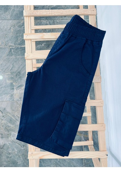Erkek Çocuk Lacivert Beli Lastikli Keten Kargo Cep Kapri modelleri