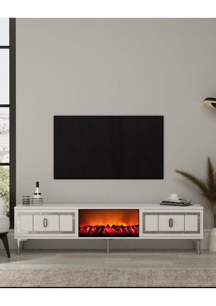 Oriondd Şömineli (A) Tv Sehpası Beyaz-Gümüş