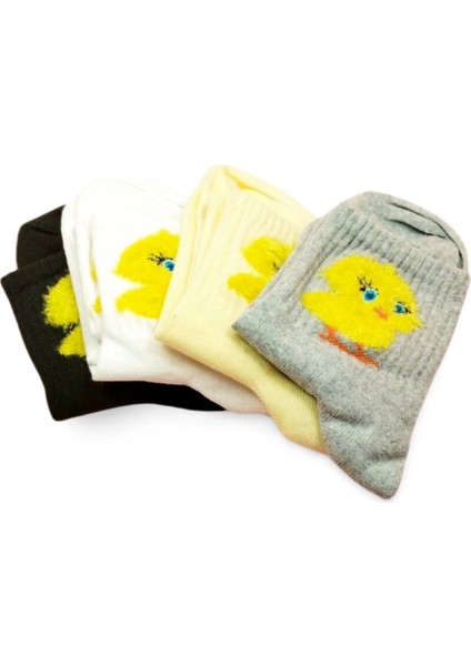 Peluş Civciv Işlemeli Kadın Soket Çorap 4 Çift