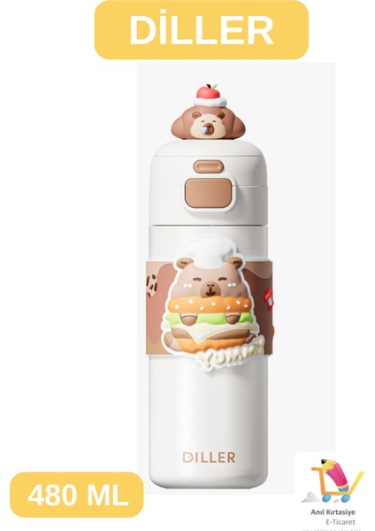 Diller 480 ml Tek Kapak Çift Kullanım Pipetli & Rahat Içim Termos Bilek Askılı Termos
