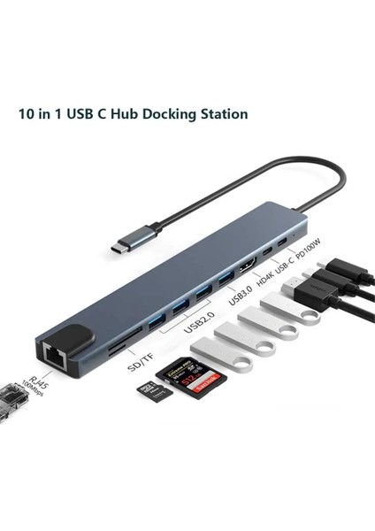 Daguaika 10 U 1 Arada Çoklayıcı, USB 3.0 Çoğaltıcı, 10'u 1 Arada USB C Bağlantı Istasyonu USB Hub Tip C Ayırıcı USB C - Uyumlu Adaptör PD100W (Yurt Dışından fiyatları