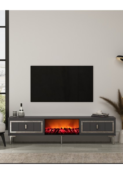 Oriondd Şömineli (A) Tv Sehpası Antrasit-Gümüş