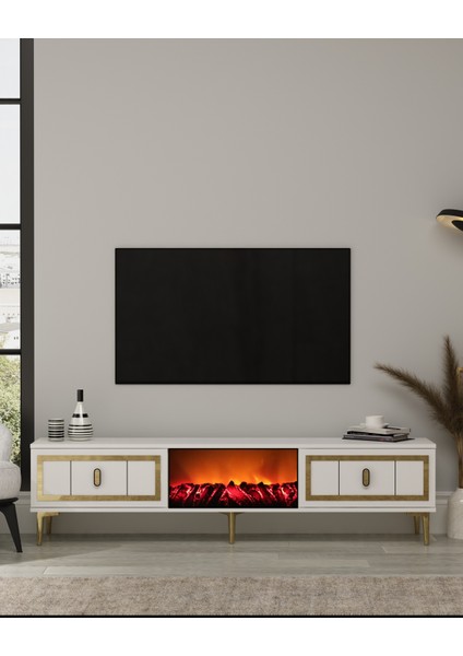 Oriondd Şömineli (A) Tv Sehpası Beyaz-Altın