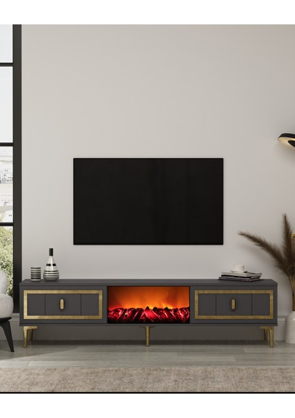 Oriondd Şömineli (A) Tv Sehpası Antrasit-Altın