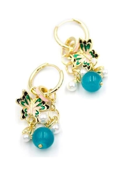 Boncuklu Kelebek Küpe - Pembe