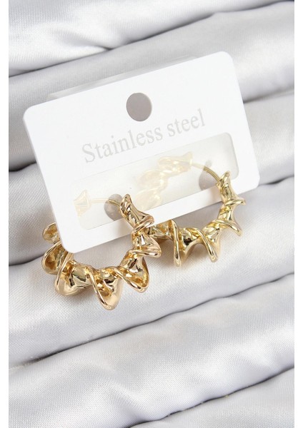 Pirinç Kıvrımlı Halka Model Gold Renk Kadın Küpe