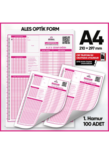 Ales Deneme Sınavları için 100 Adet (80.gr) Optik Form modelleri