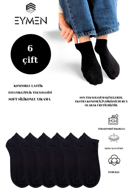Unisex Patik Çorap 6'lı Paket – Pamuklu, Kuşaklı, Kadın Erkek Kullanıma Uygun Siyah