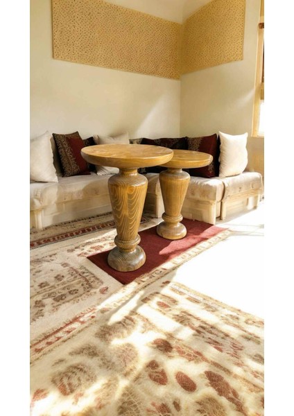 Tütün Renk Ahşap Yan Sehpa 2’li Set – Doğal Masif Zigon ve Fiskos