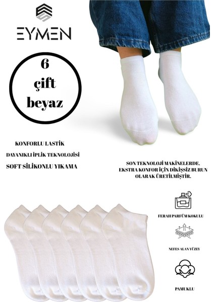 Unisex Patik Çorap 6'lı Paket – Pamuklu, Kuşaklı, Kadın Erkek Kullanıma Uygun Beyaz