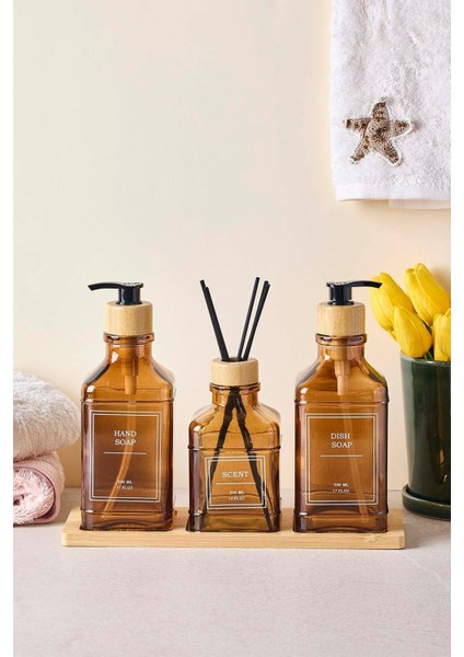 Rogan Amber 3 Lü Bambu Tepsili Sıvı Sabunluk Seti