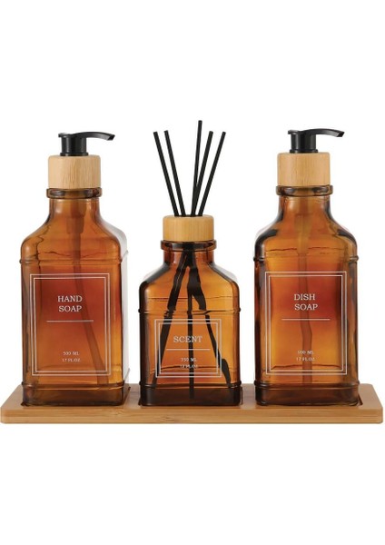Rogan Amber 3 Lü Bambu Tepsili Sıvı Sabunluk Seti fırsatları