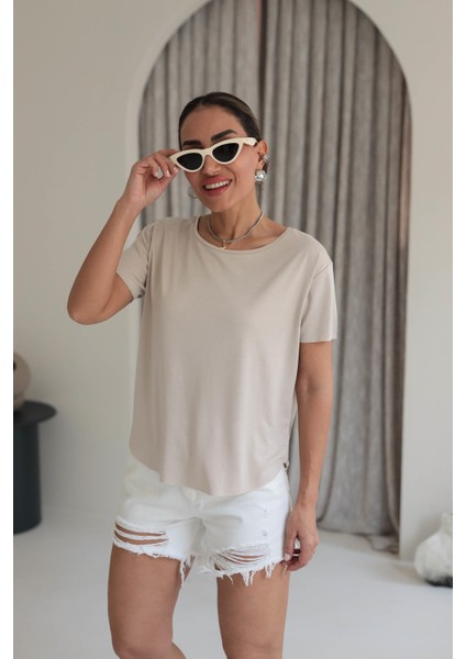 Kadın Yuvarlak Yaka Kol Etek Lazer Kesim Yırtmaç Detaylı Modal T-Shirt indirimleri