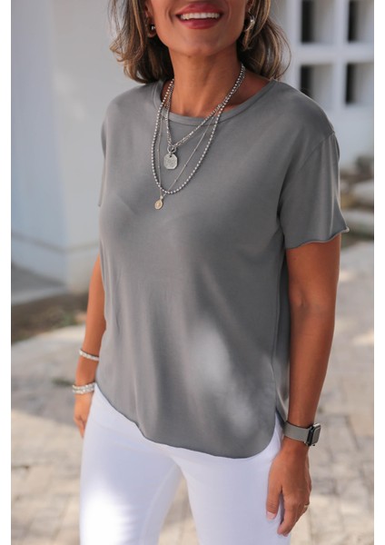Kadın Yuvarlak Yaka Kol Etek Lazer Kesim Yırtmaç Detaylı Modal T-Shirt indirimleri