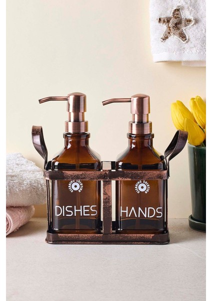 Rame Eskitme Metal Standlı Retro 2 Li Sıvı Sabunluk 500 ml