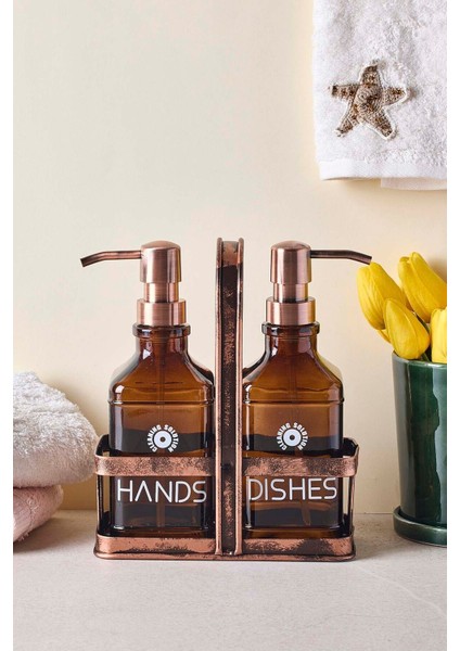Rame Eskitme Metal Standlı Retro 2 Li Sıvı Sabunluk 500 ml