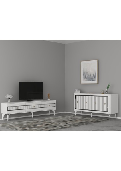 Novva Tv Sehpası (Alt Modül) ve Konsol 2'li Salon Takımı Beyaz-Gümüş