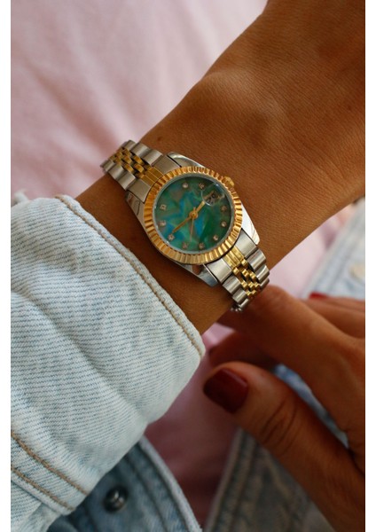 Verona Çelik Gold&silver Kadın Kol Saati(Içi Yeşil)