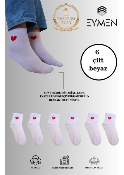 6 Çift Beyaz Kalp Desenli Yarım Konç Kadın Çorap Pamuklu Premium Kalite fiyatları