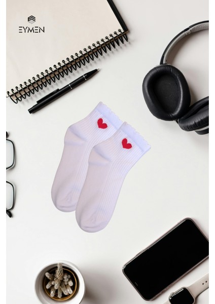 6 Çift Beyaz Kalp Desenli Yarım Konç Kadın Çorap Pamuklu Premium Kalite modelleri