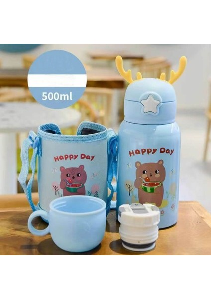 Mavi Renk Premium Paslanmaz Çelik Figürlü Askılı Çocuk Termos, 500 Ml, ( 24+ Ay)