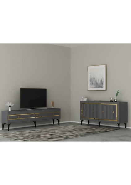 Novva Tv Sehpası (Alt Modül) ve Konsol 2'li Salon Takımı Antrasit-Altın