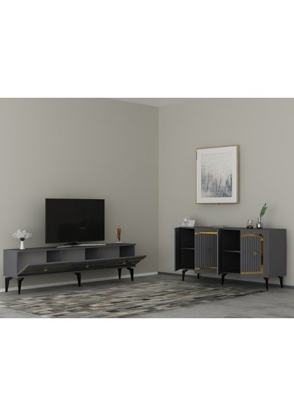 Novva Tv Sehpası (Alt Modül) ve Konsol 2'li Salon Takımı Antrasit-Altın fiyatları