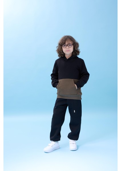 Unisex Kapüşonlu Kanguru Cepli Renk Bloklu Şardonlu Kışlık Sweatshirt - Siyah/haki