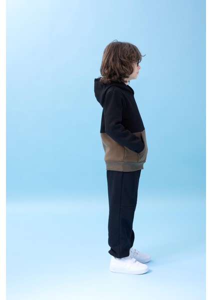 Unisex Kapüşonlu Kanguru Cepli Renk Bloklu Şardonlu Kışlık Sweatshirt - Siyah/haki fiyatları