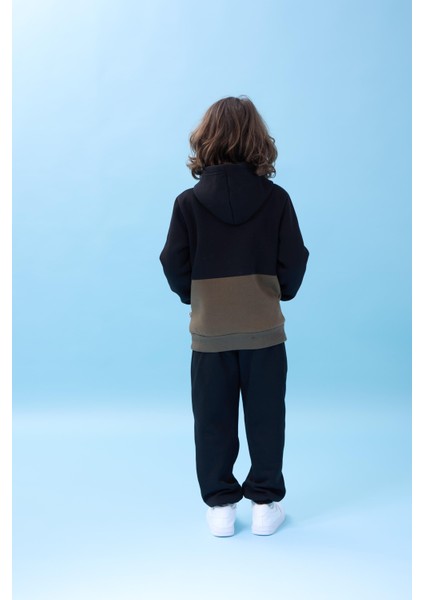 Unisex Kapüşonlu Kanguru Cepli Renk Bloklu Şardonlu Kışlık Sweatshirt - Siyah/haki modelleri