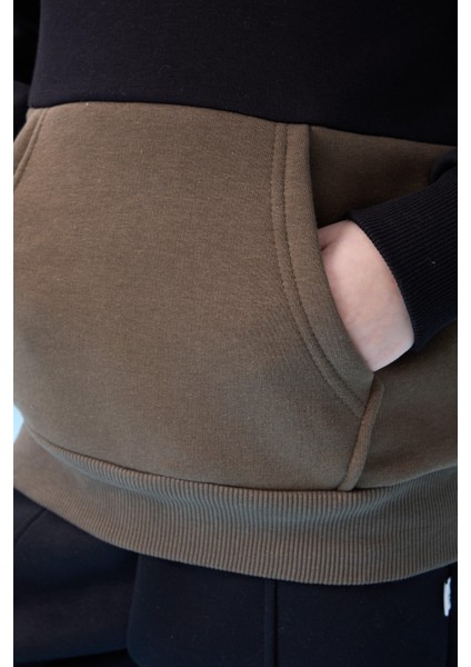 Unisex Kapüşonlu Kanguru Cepli Renk Bloklu Şardonlu Kışlık Sweatshirt - Siyah/haki fırsatları