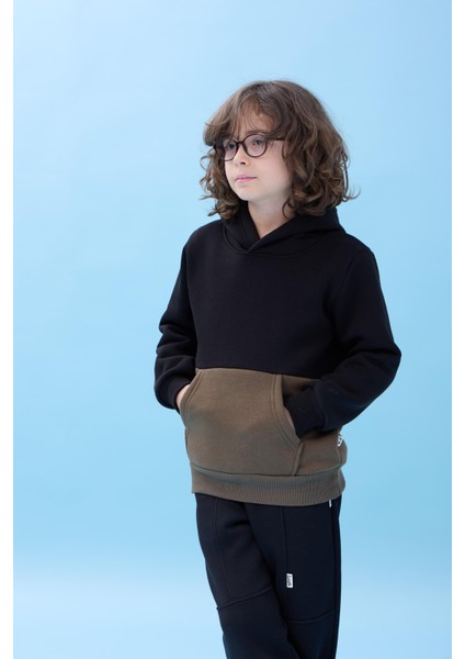 Unisex Kapüşonlu Kanguru Cepli Renk Bloklu Şardonlu Kışlık Sweatshirt - Siyah/haki indirimleri