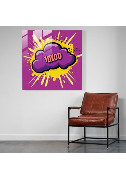Eğlenceli Mor Konuşma Balonu Cam Tablo - Pop Art Cam Duvar Sanatı - Mor Pop Art Mor Tema Cam Tablo modelleri